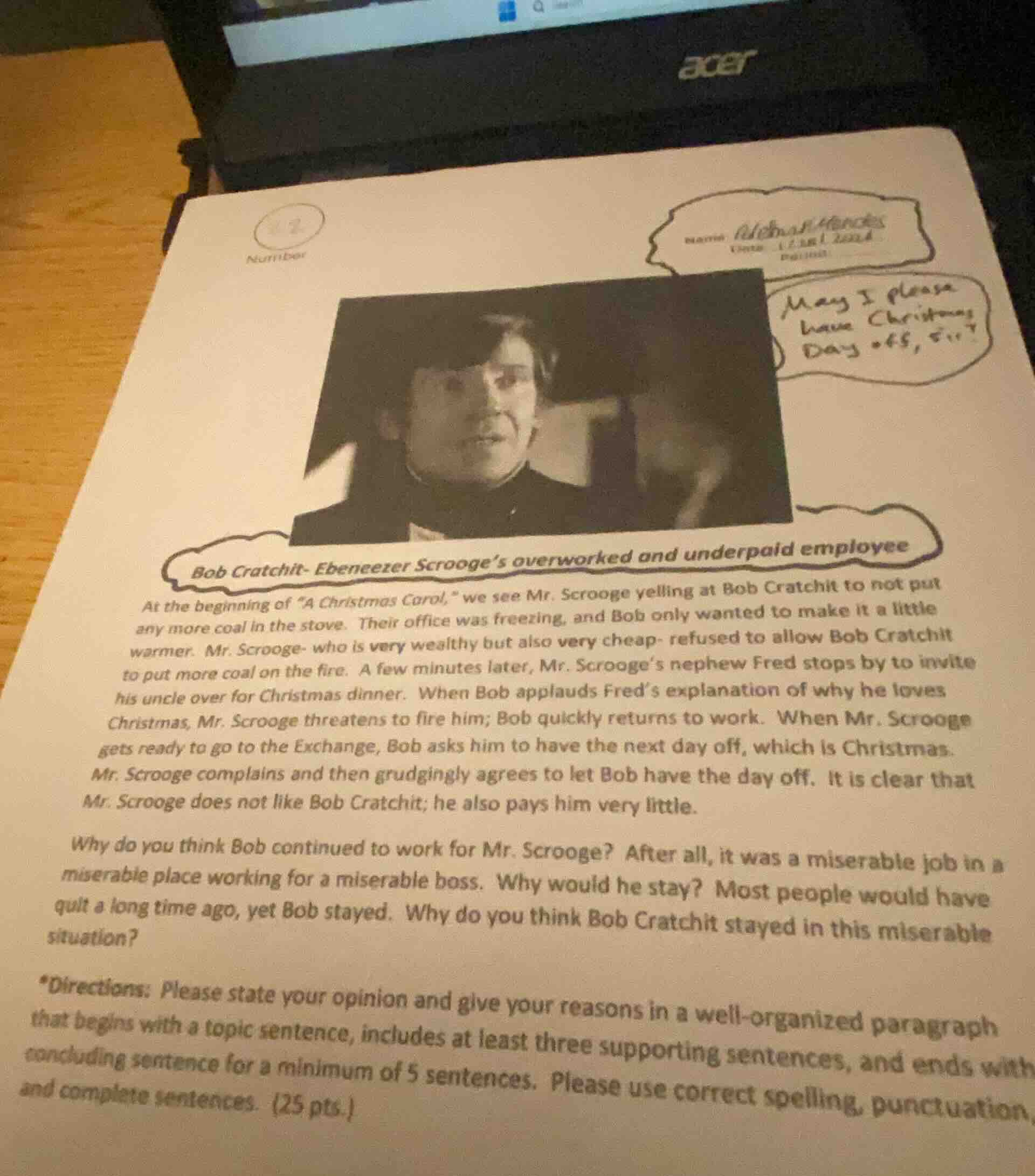 number bob cratchit- ebeneezer scrooge’s overworked and underpaid emplo…