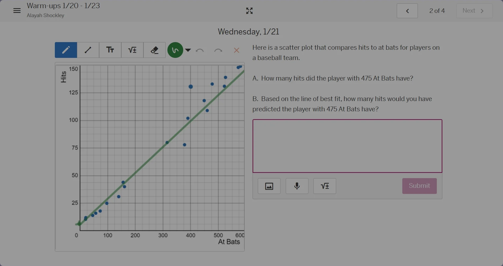 wednesday, 1/21 here is a scatter plot that compares hits to at bats fo…