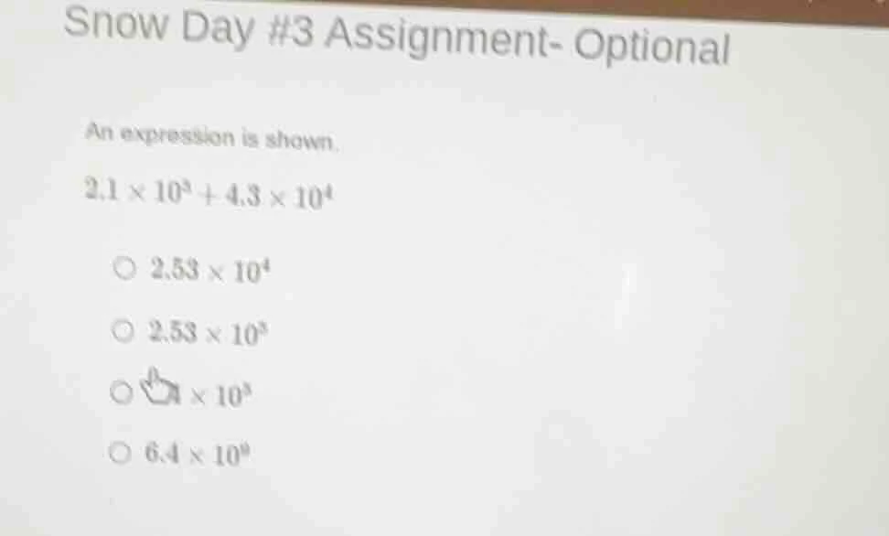 snow day #3 assignment- optional an expression is shown. $2.1 \\times 1…