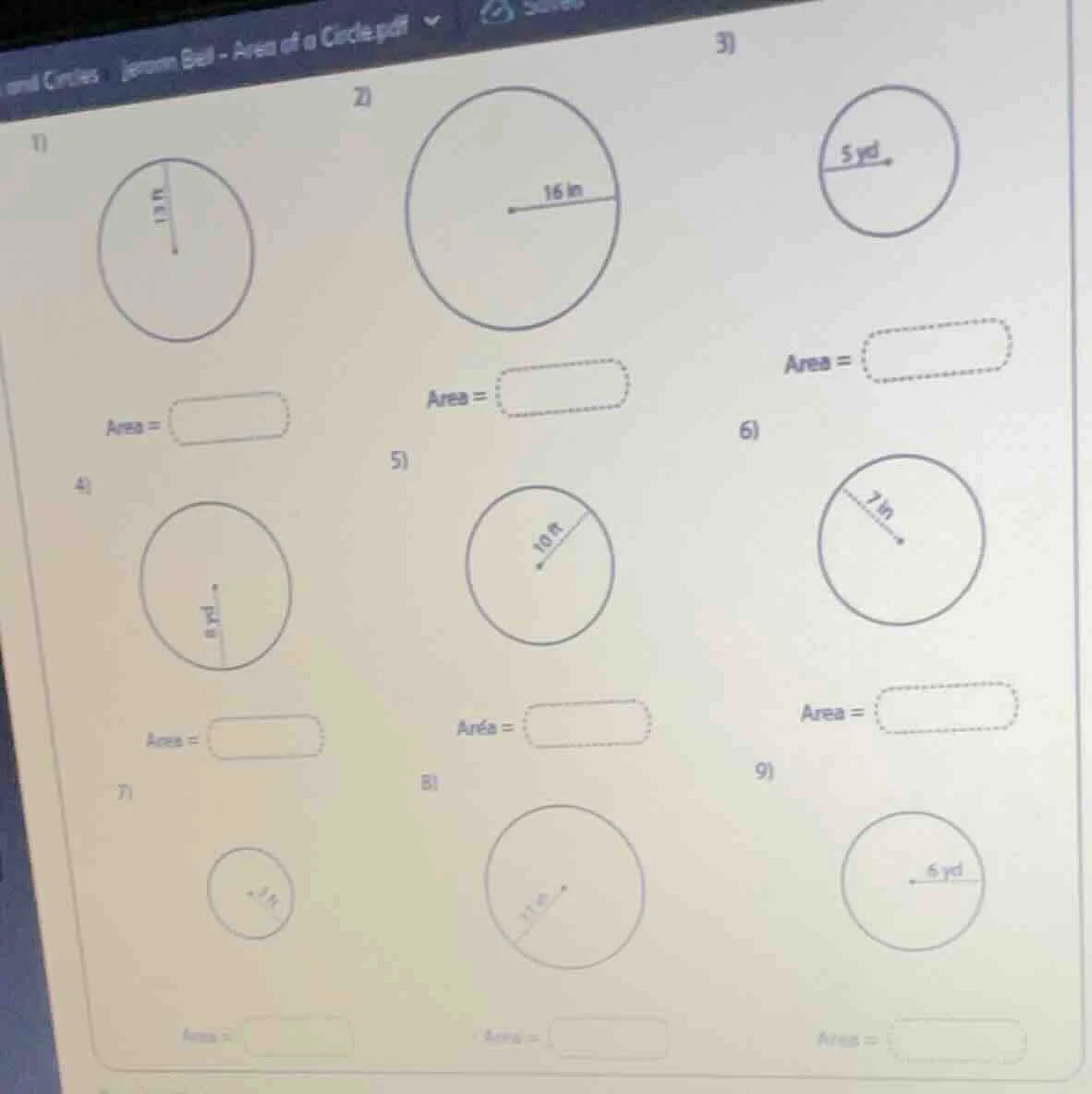 1) area = 2) 16 in area = 3) 5 yd area = 4) 8 yd area = 5) 10 ft area =…