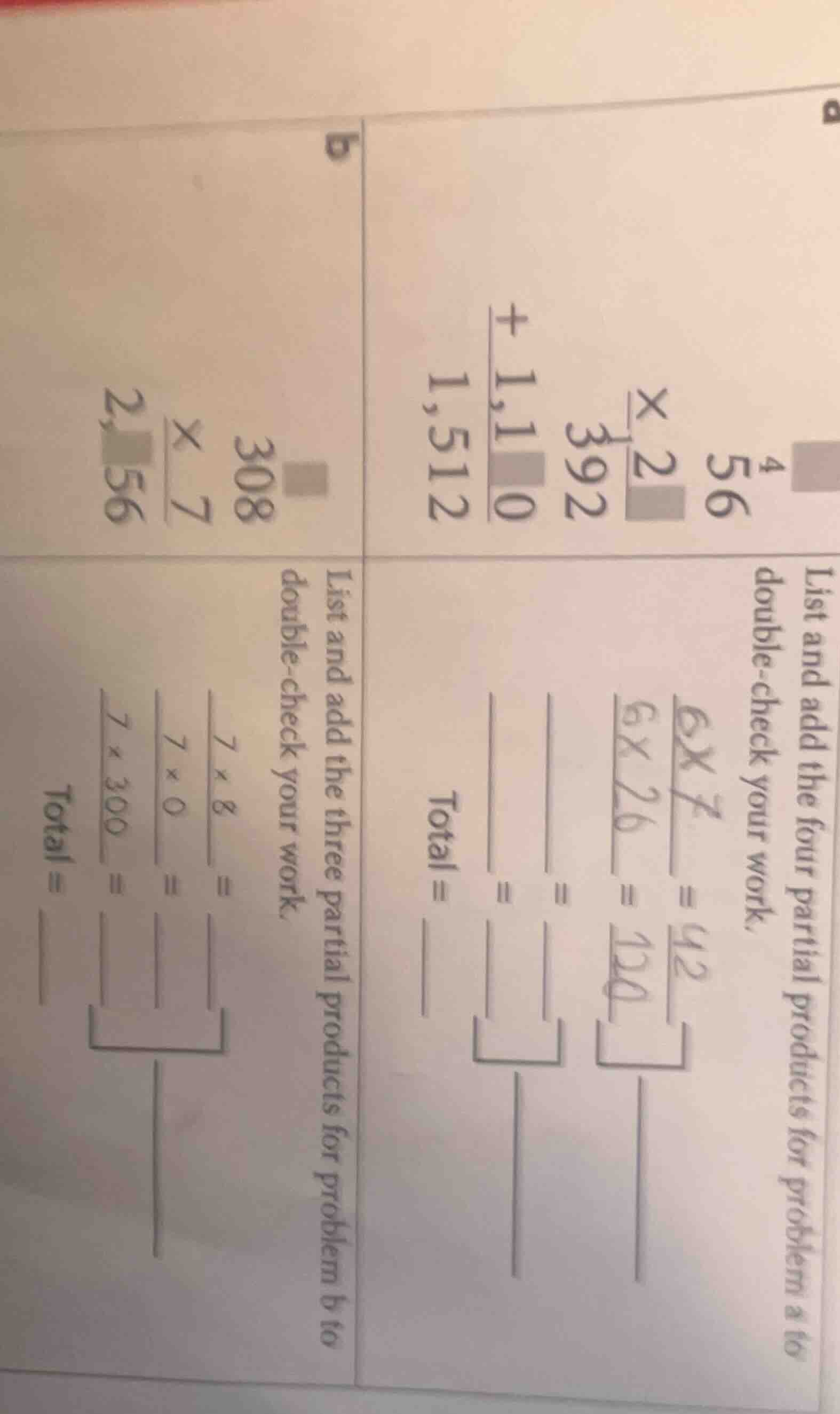 a list and add the four partial products for problem a to double - chec…
