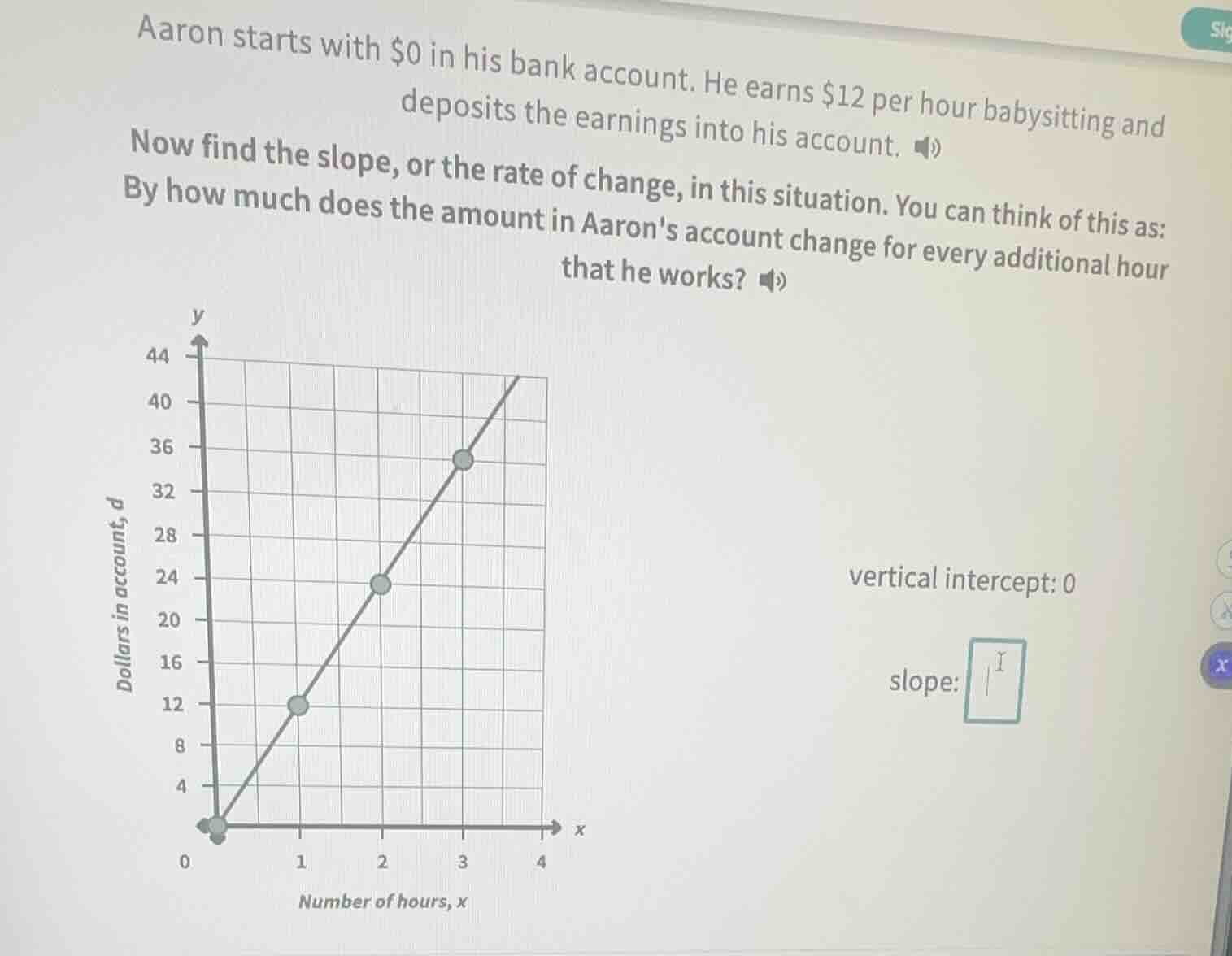 aaron starts with $0 in his bank account. he earns $12 per hour babysit…