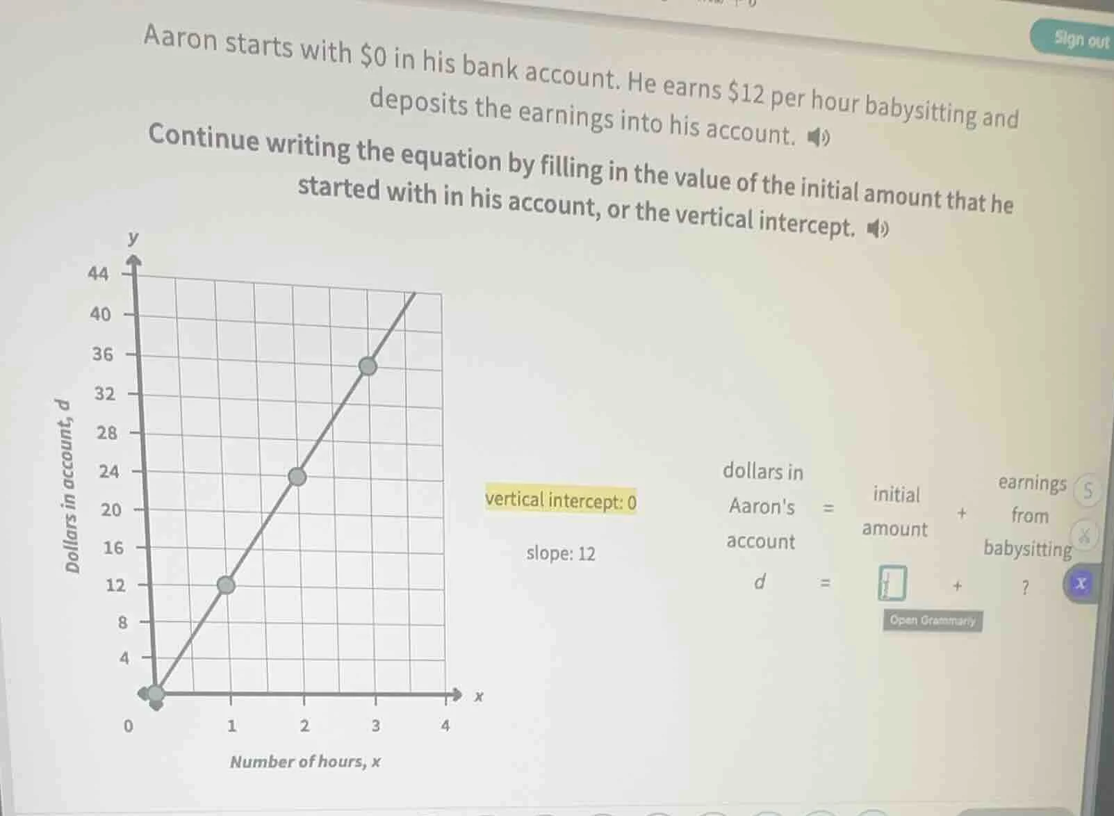 aaron starts with $0 in his bank account. he earns $12 per hour babysit…