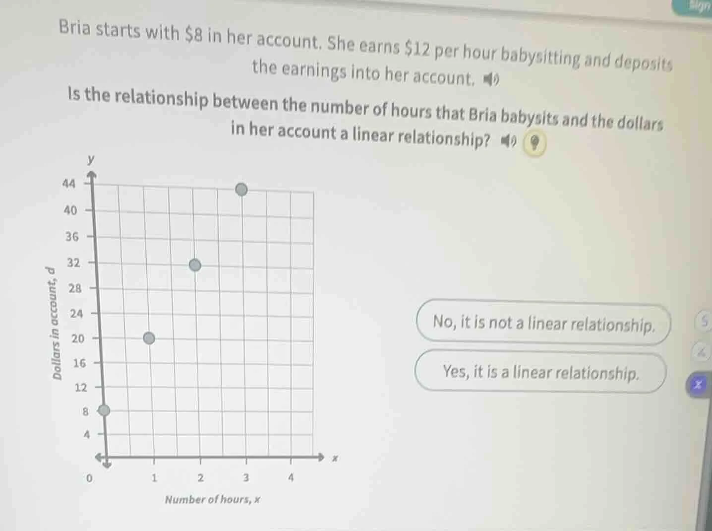 bria starts with $8 in her account. she earns $12 per hour babysitting …