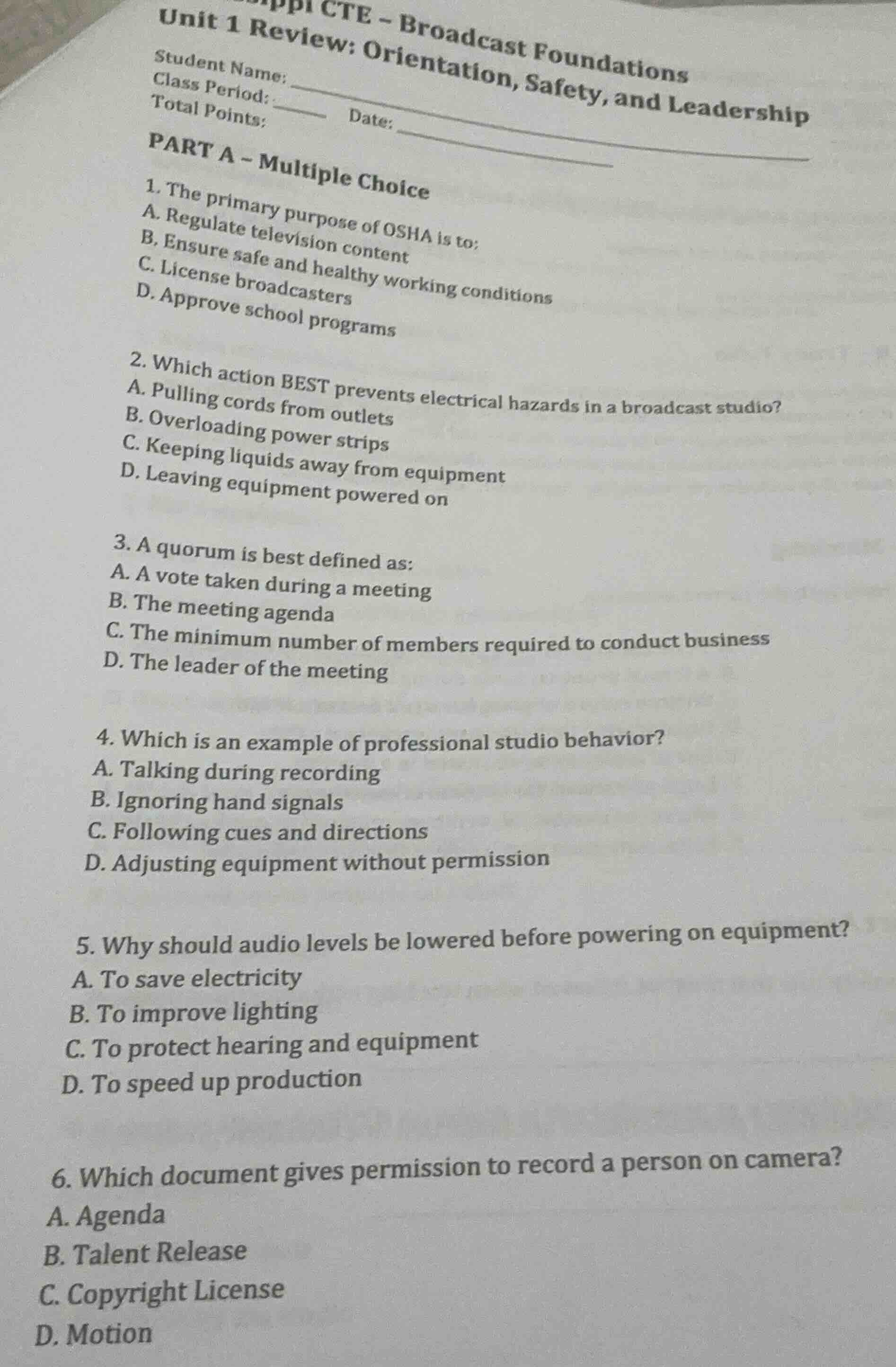 cte - broadcast foundations unit 1 review: orientation, safety, and lea…