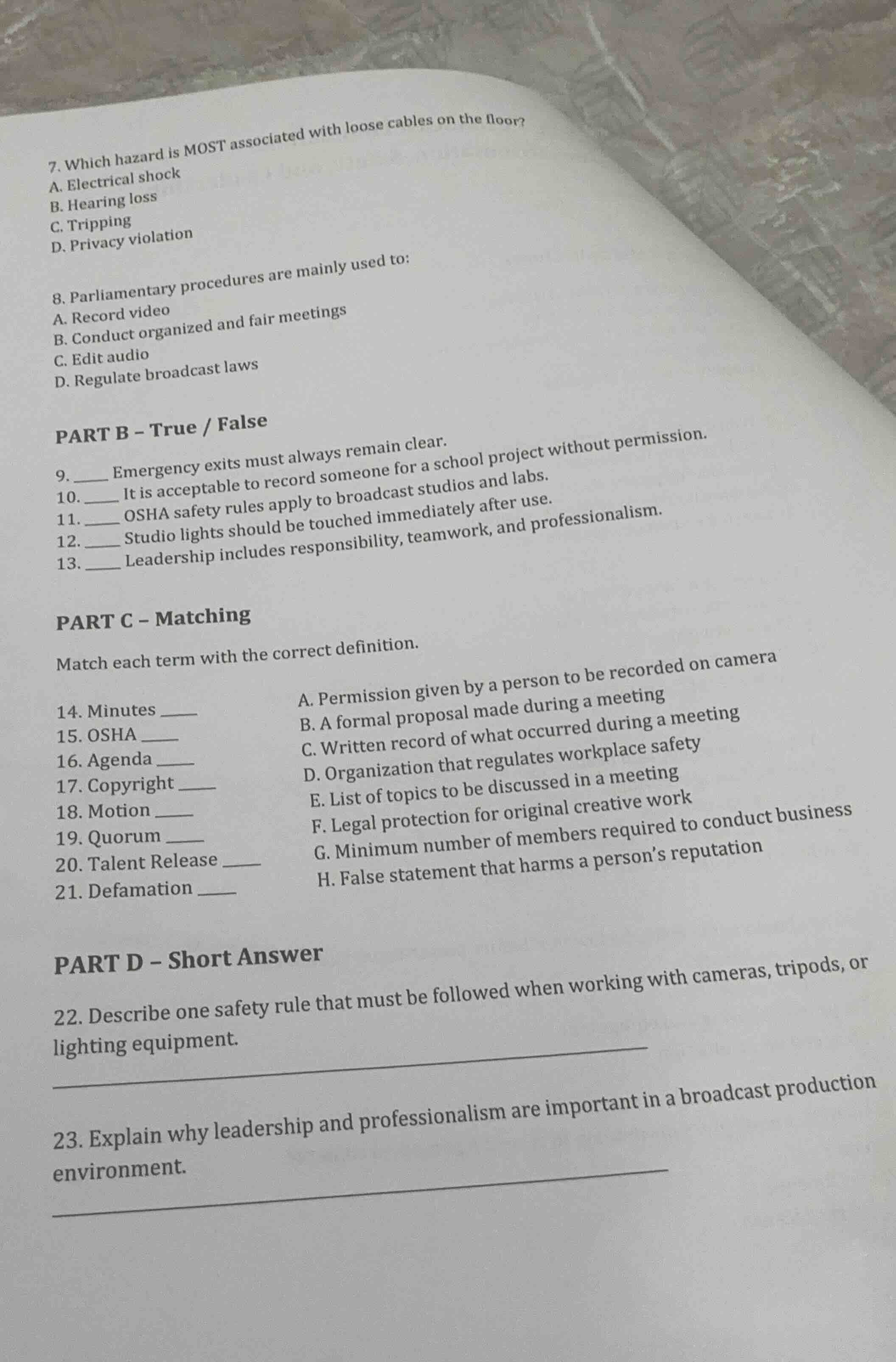 7. which hazard is most associated with loose cables on the floor? a. e…