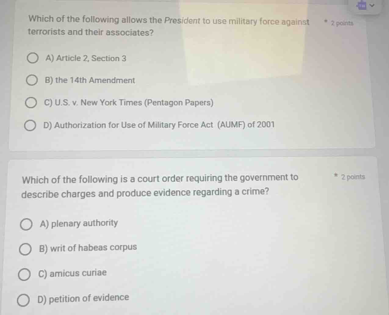 which of the following allows the president to use military force again…