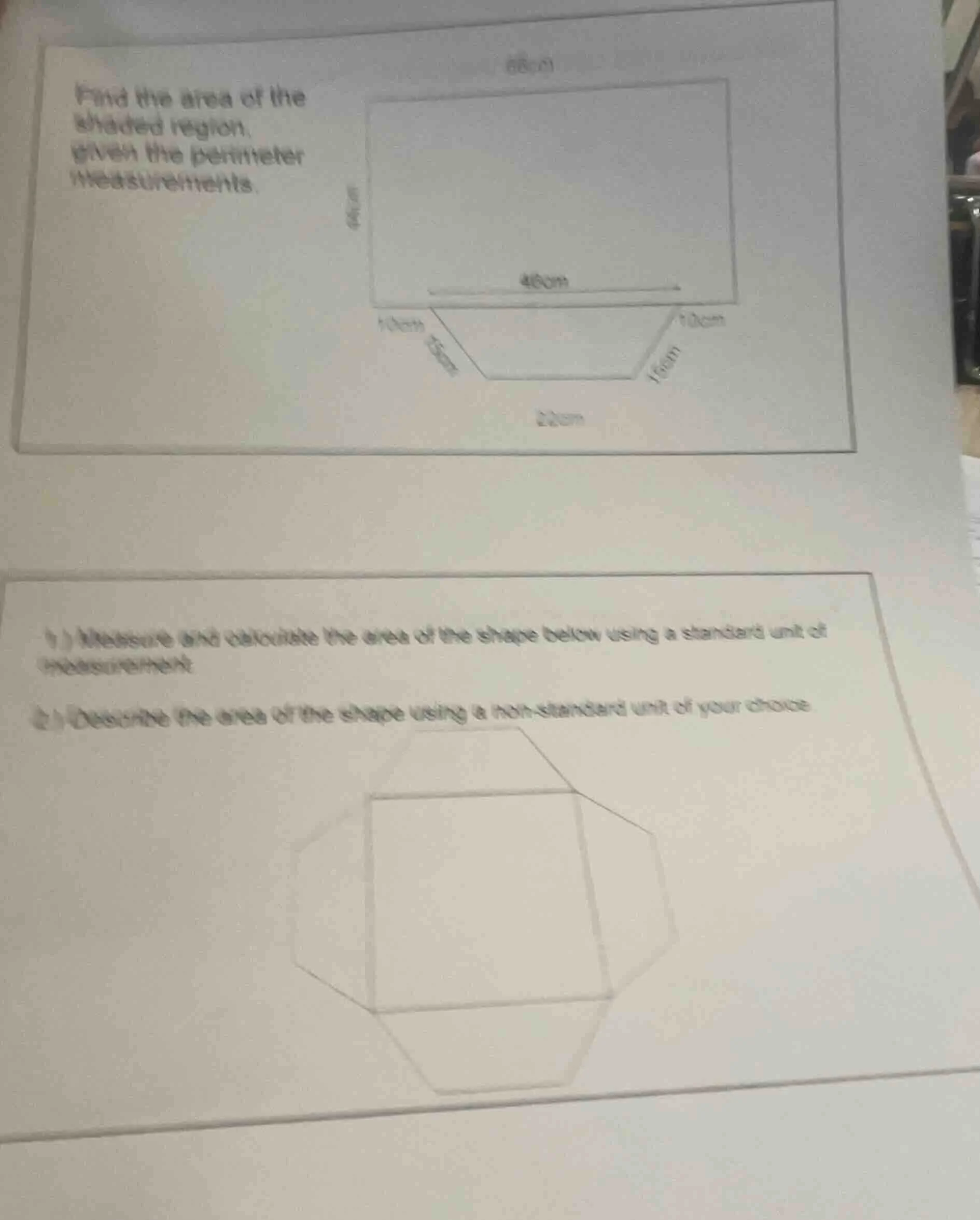 find the area of the shaded region, given the perimeter measurements. 1…