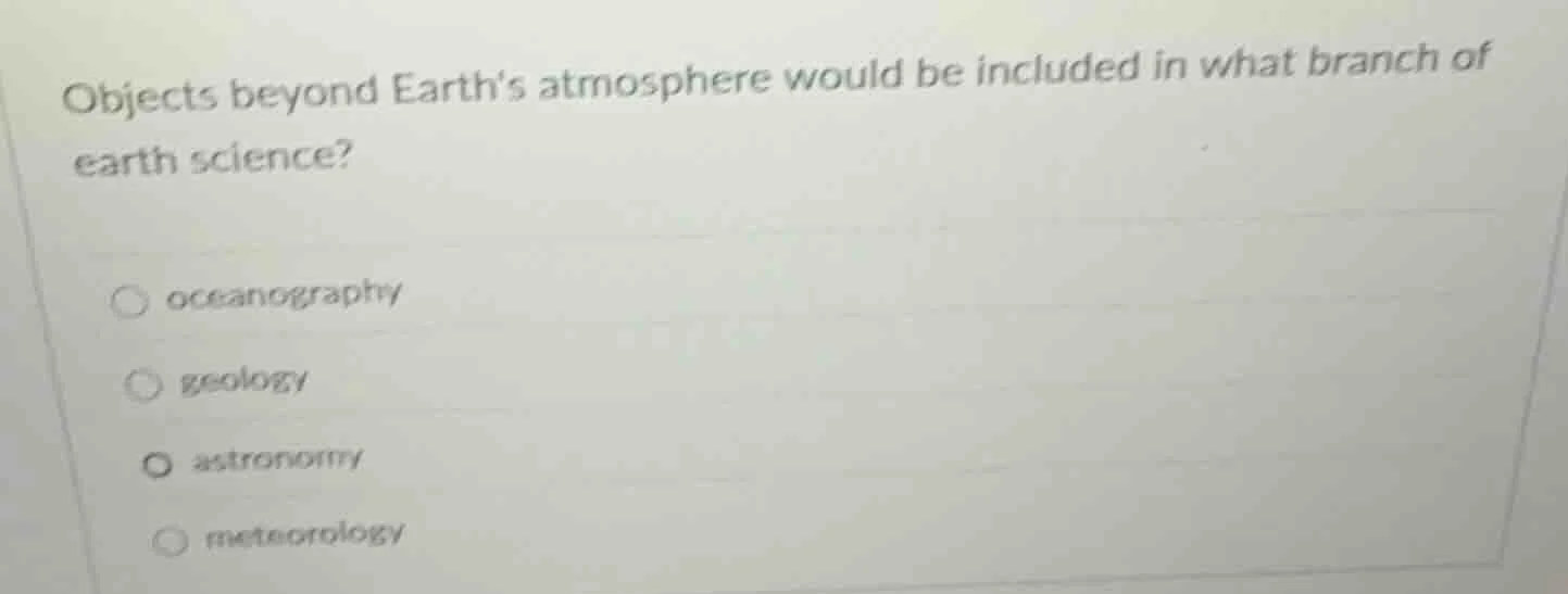 objects beyond earths atmosphere would be included in what branch of ea…