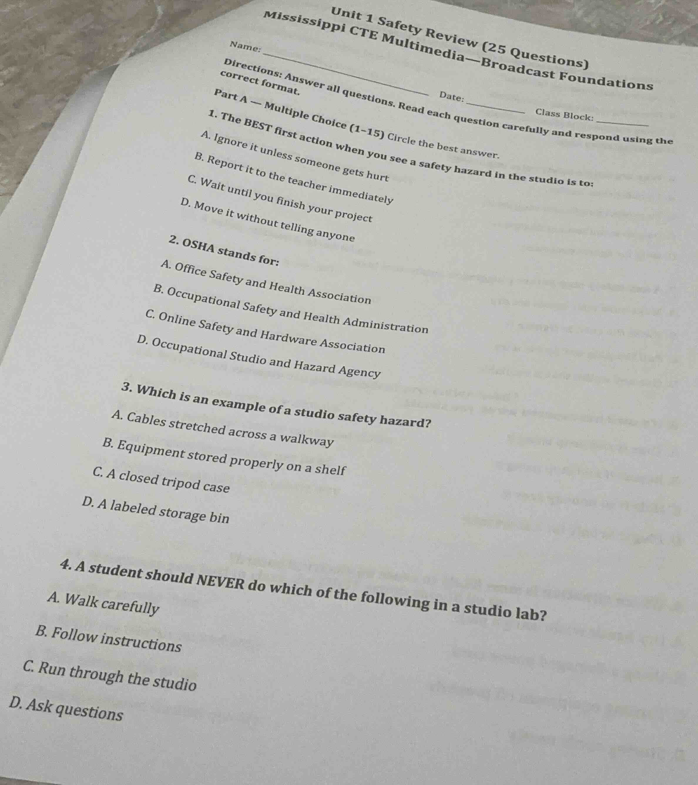 unit 1 safety review (25 questions) mississippi cte multimedia—broadcas…