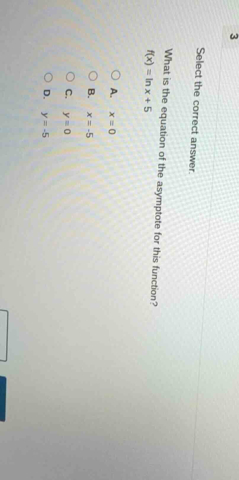 select the correct answer. what is the equation of the asymptote for th…