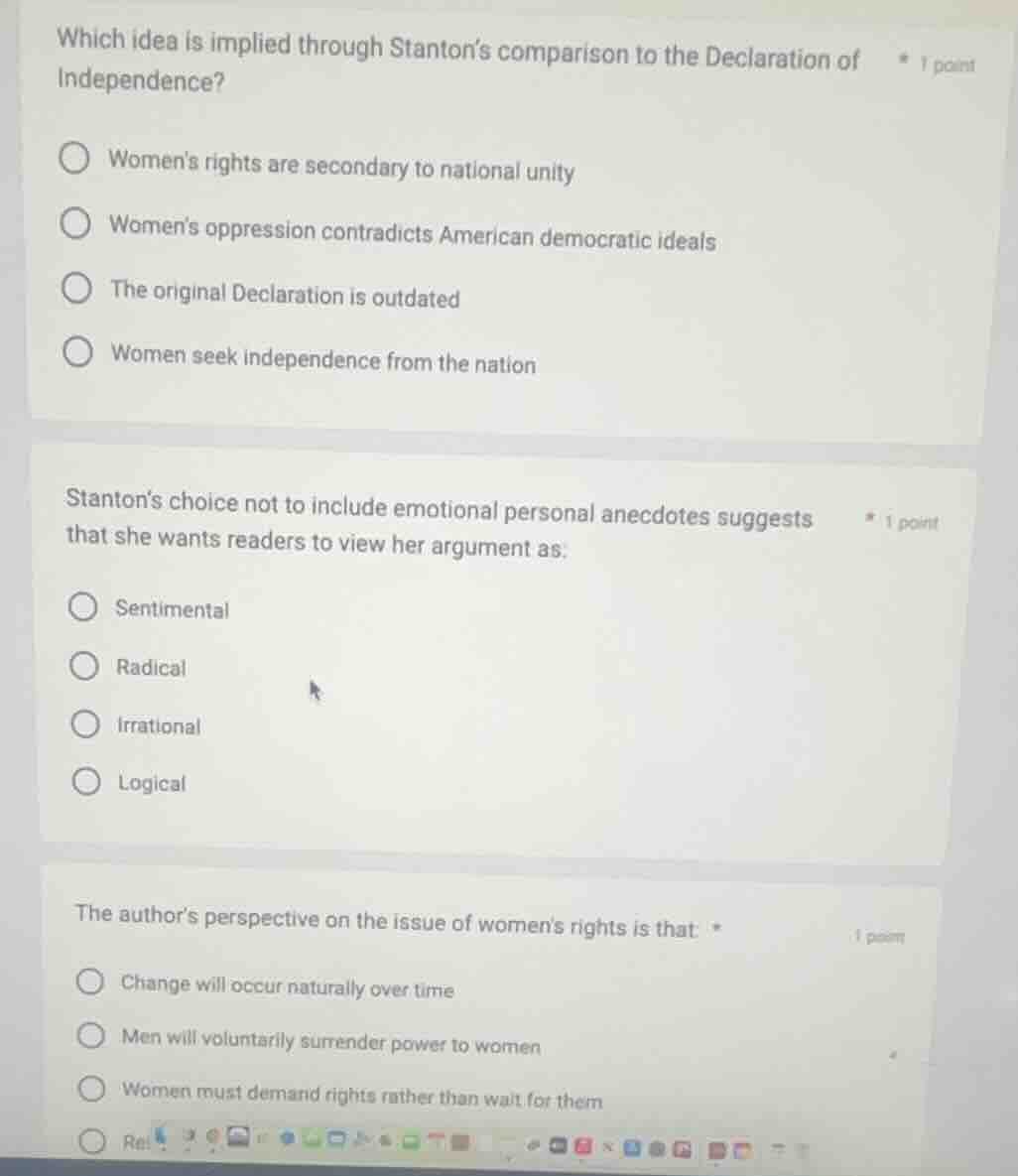 which idea is implied through stanton’s comparison to the declaration o…