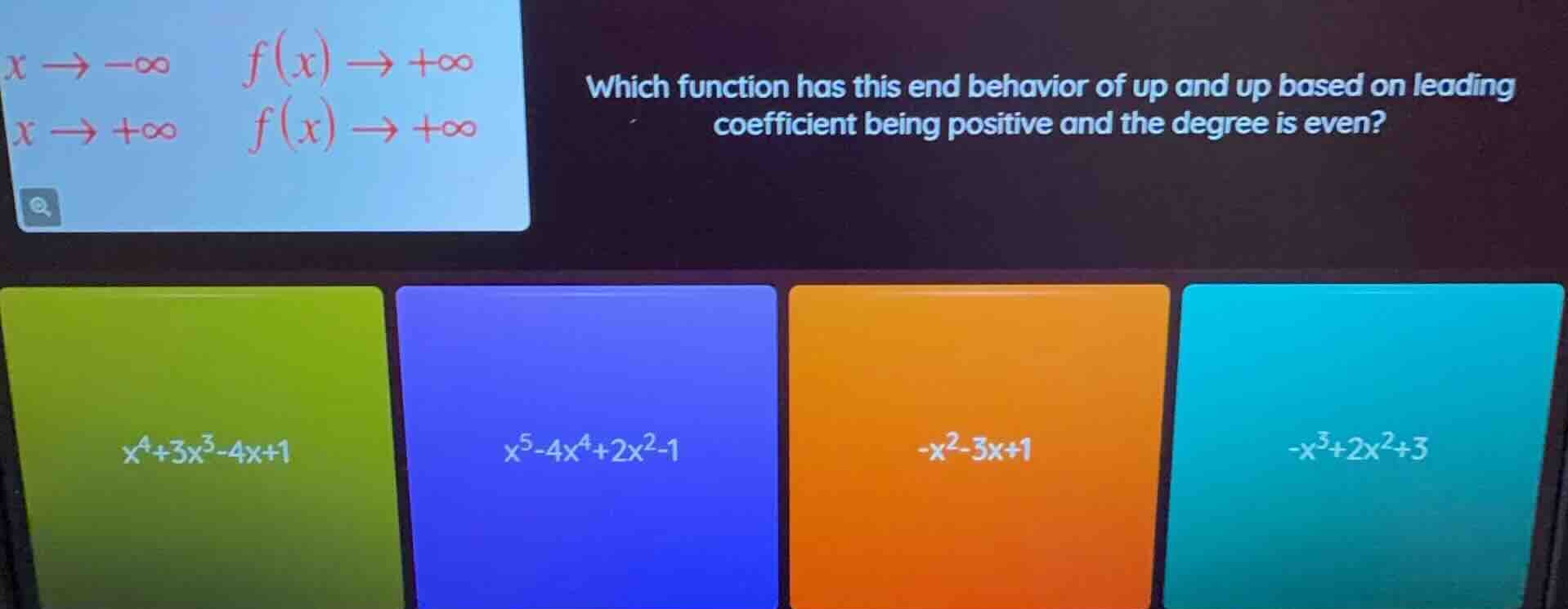 which function has this end behavior of up and up based on leading coef…