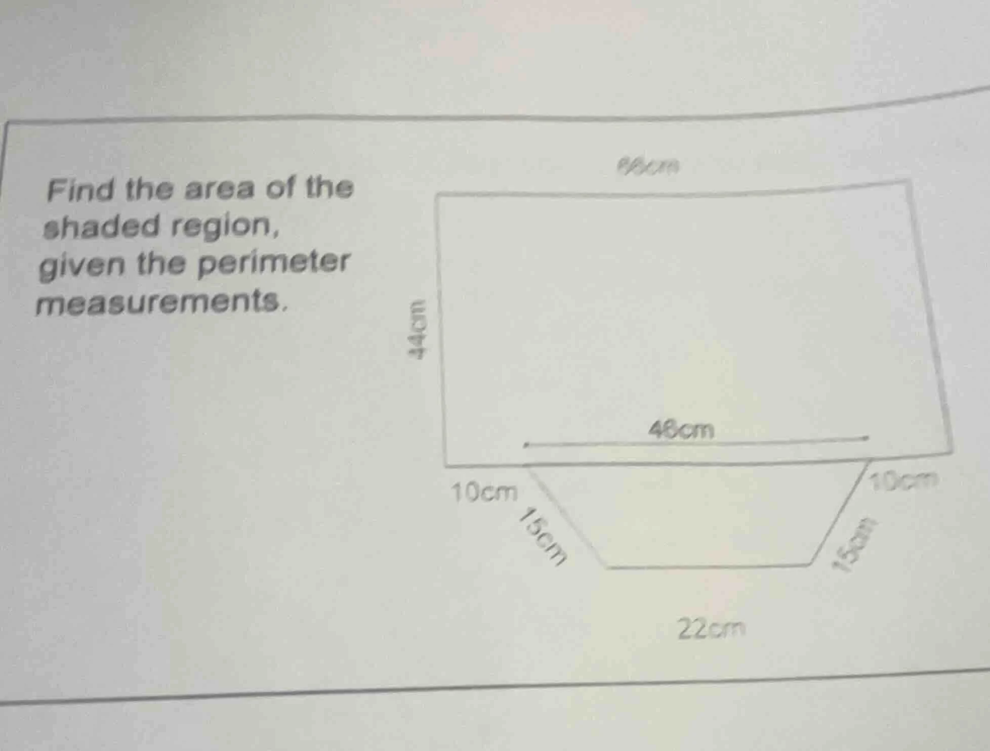 find the area of the shaded region, given the perimeter measurements.