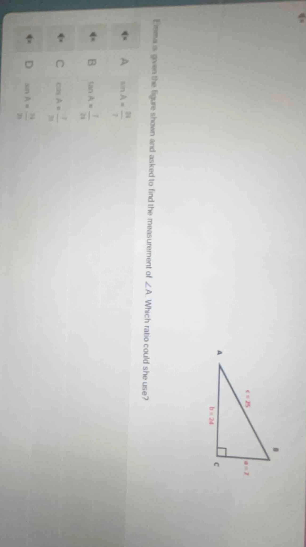 emma is given the figure shown and asked to find the measurement of ∠a.…