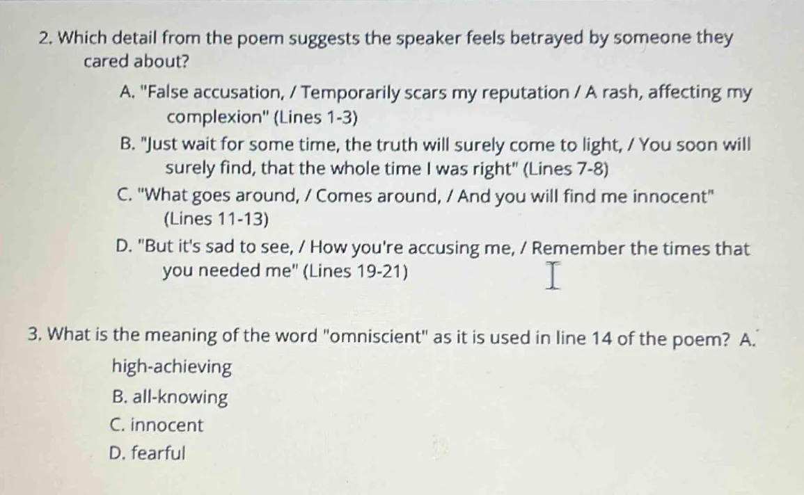 2. which detail from the poem suggests the speaker feels betrayed by so…