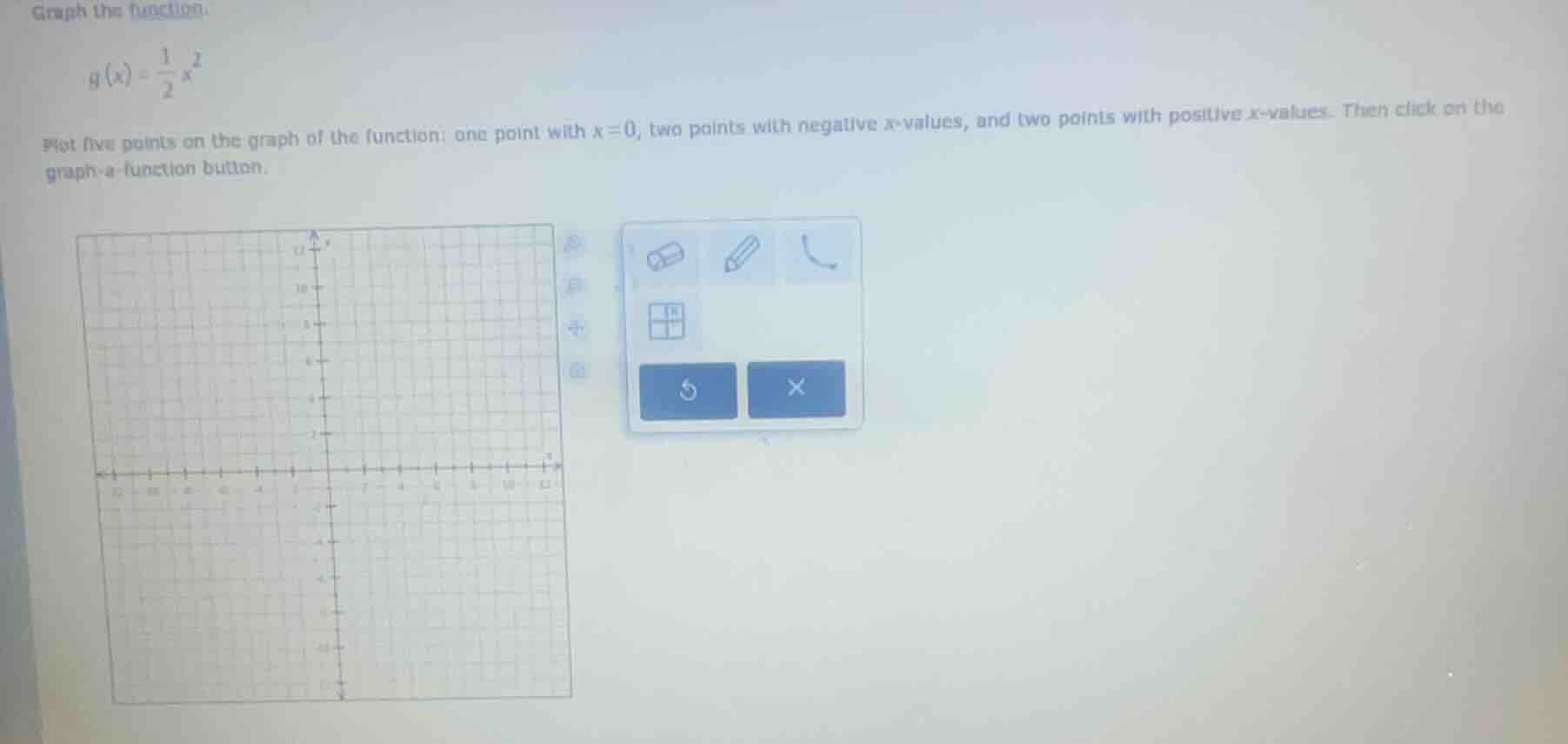 graph the function: ( g(x) = \frac{1}{2}x^2 ) plot five points on the g…