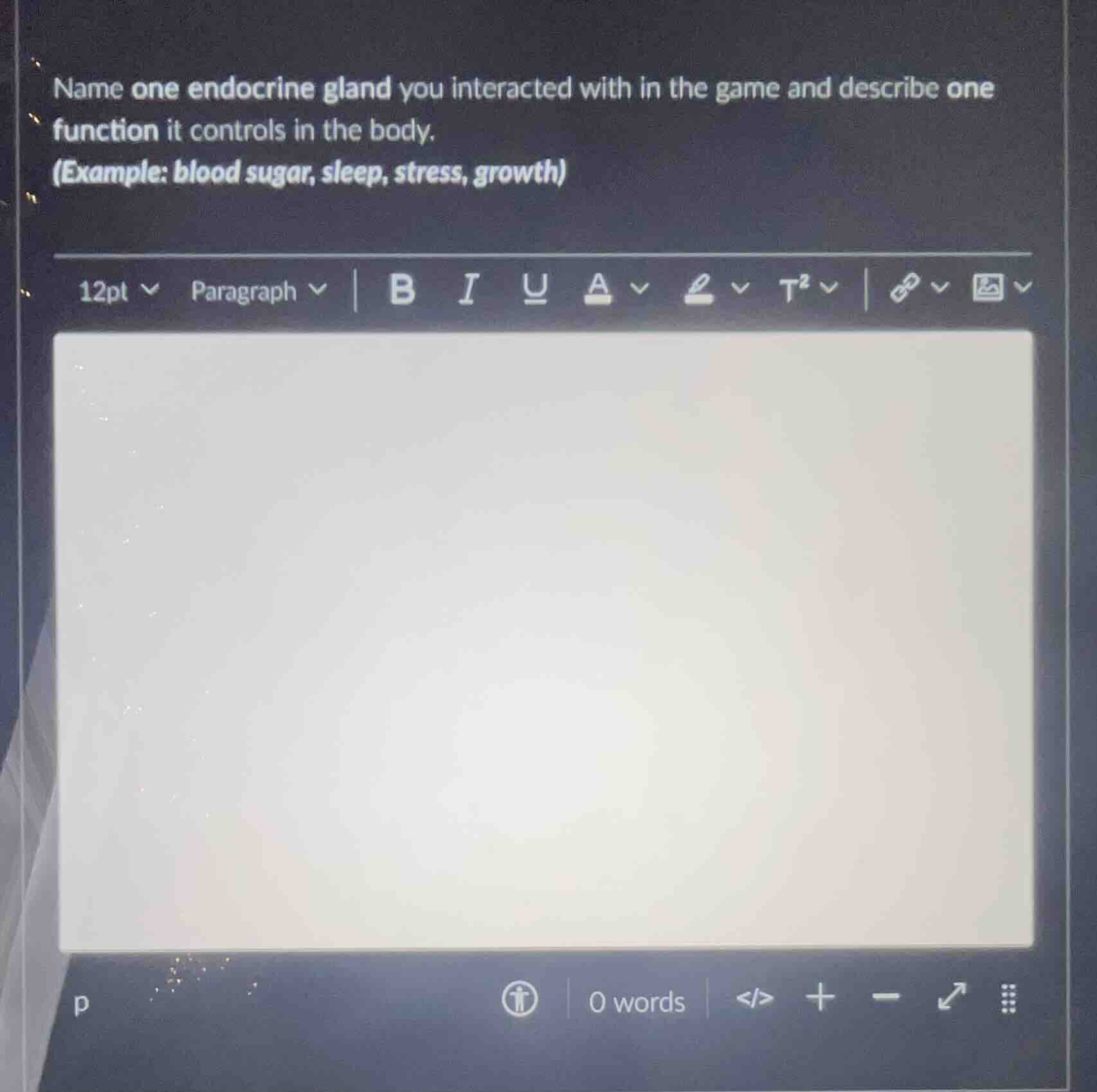 name one endocrine gland you interacted with in the game and describe o…