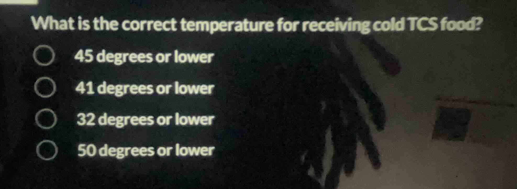 what is the correct temperature for receiving cold tcs food? 45 degrees…