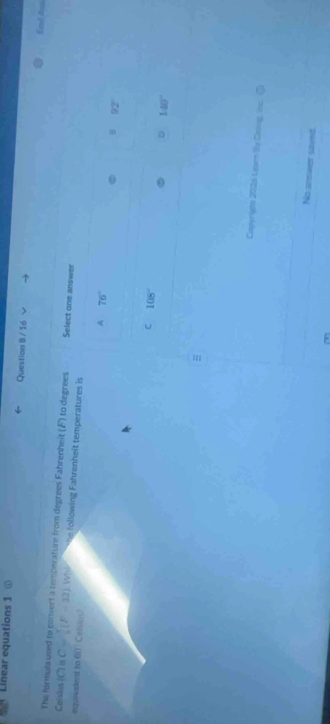 question 8/16 linear equations 1 the formula used to convert a temperat…