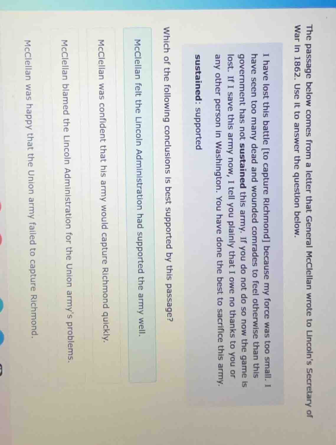 the passage below comes from a letter that general mcclellan wrote to l…