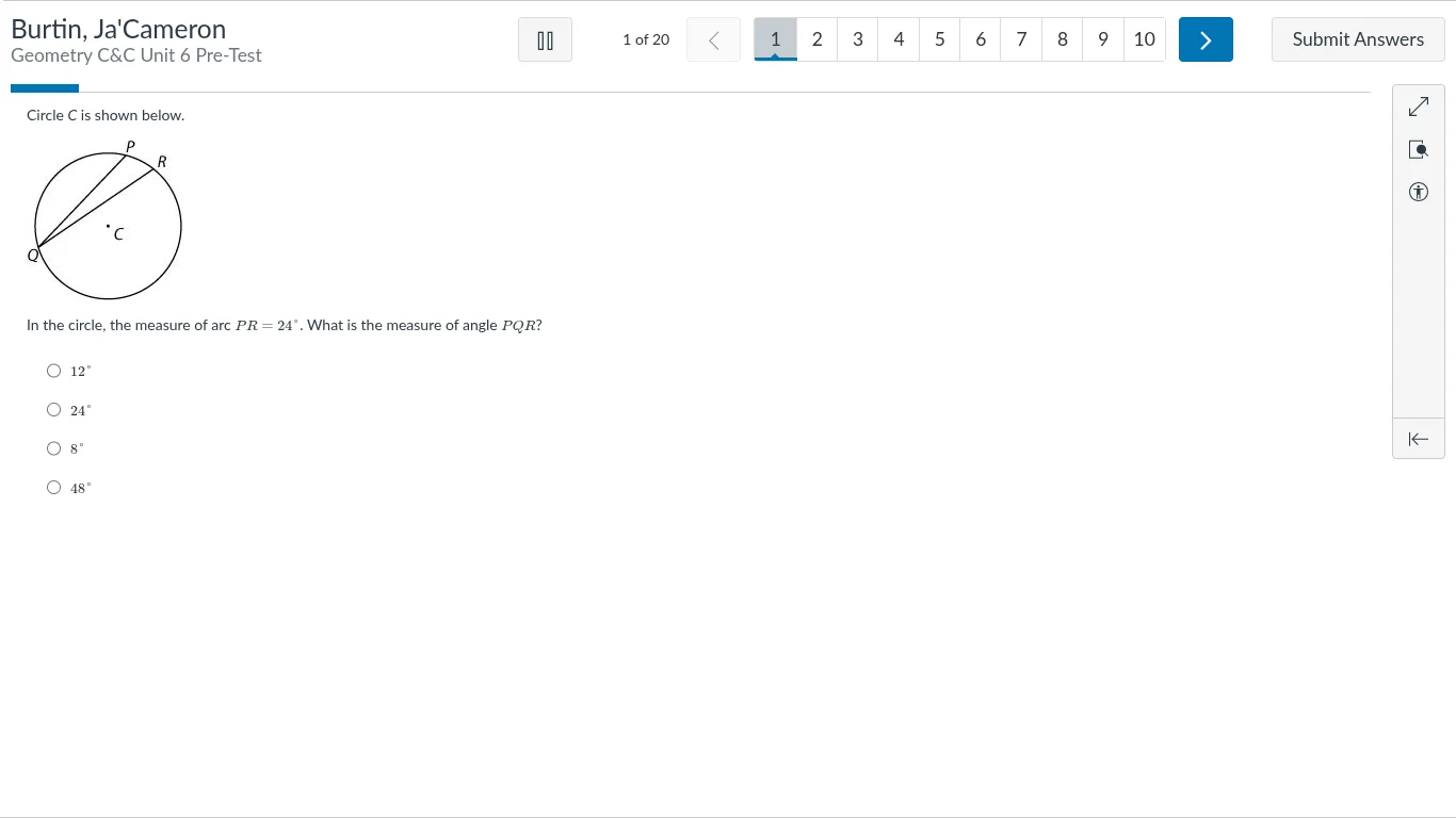 circle c is shown below. in the circle, the measure of arc ( pr = 24^ci…