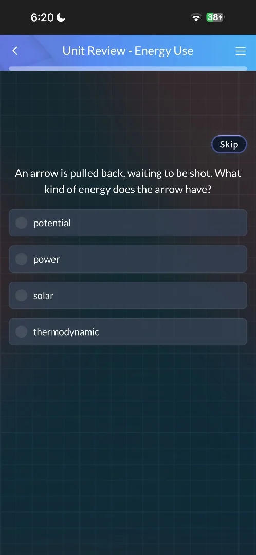 an arrow is pulled back, waiting to be shot. what kind of energy does t…