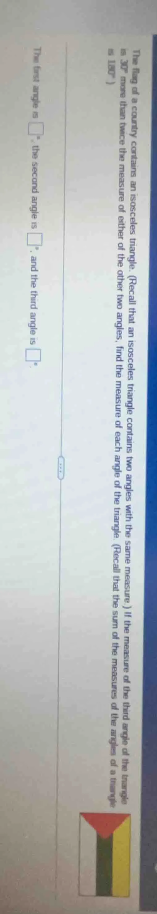 the flag of a country contains an isosceles triangle. (recall that an i…