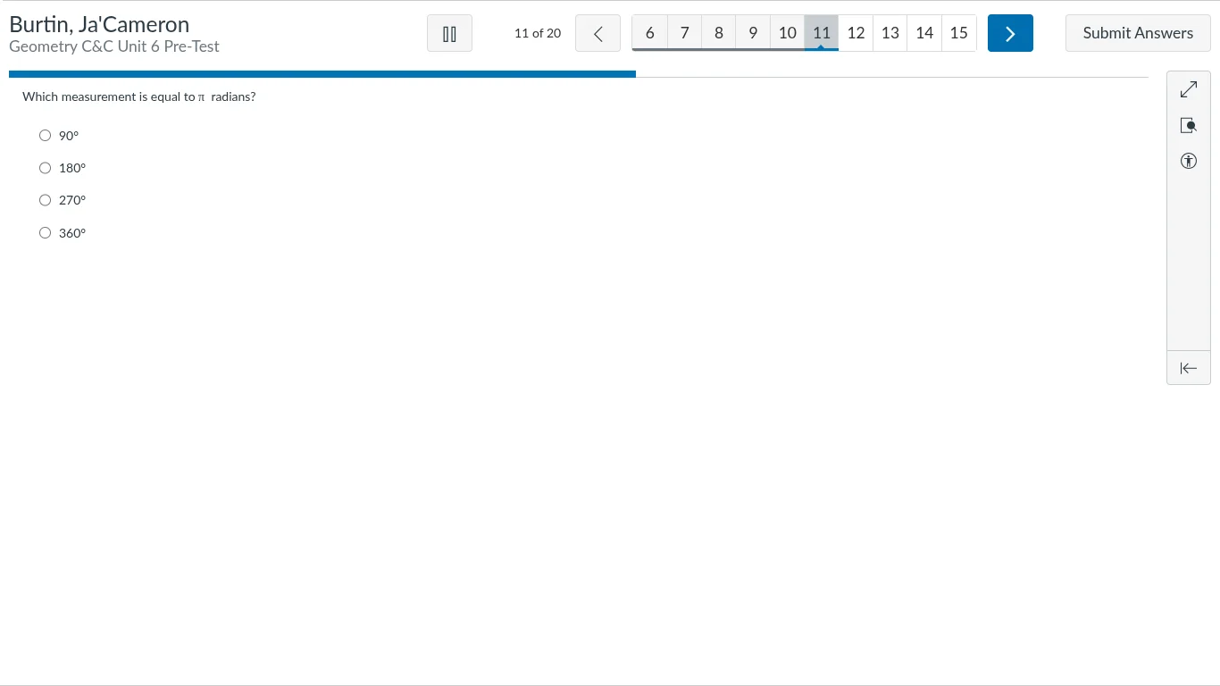which measurement is equal to ( pi ) radians? - ( 90^circ ) - ( 180^cir…
