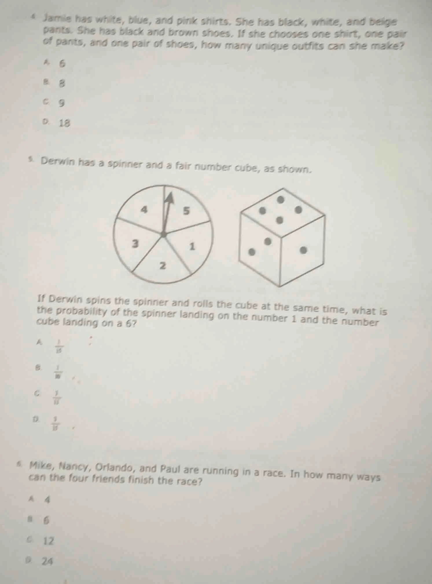 4. jamie has white, blue, and pink shirts. she has black, white, and be…