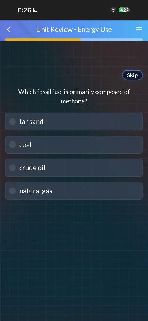 which fossil fuel is primarily composed of methane? tar sand coal crude…