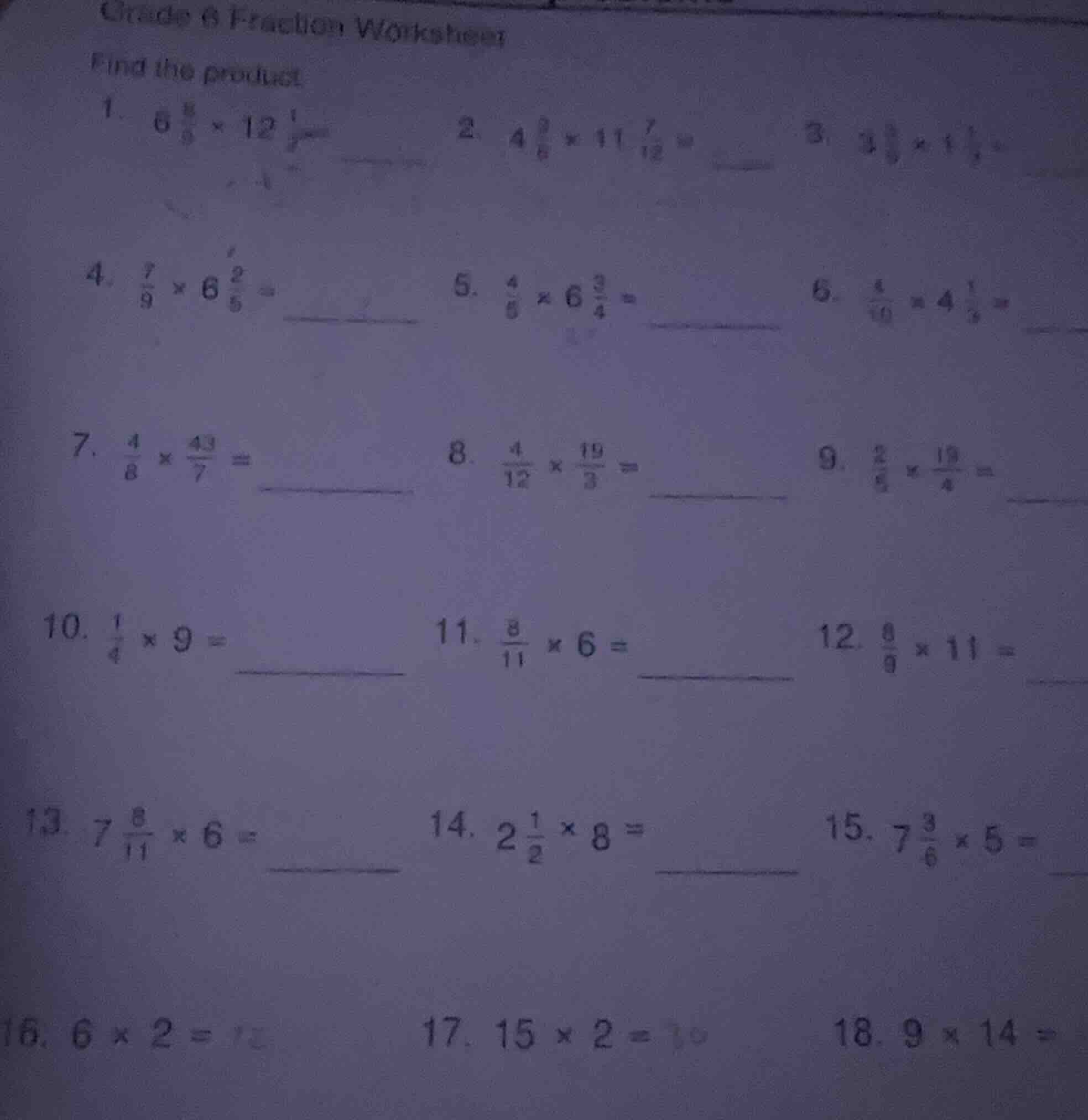 grade 6 fraction worksheet find the product 1. $6\\frac{8}{9} \\times 1…