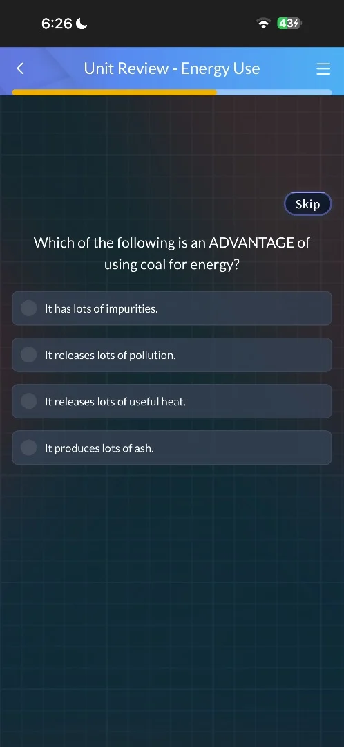 which of the following is an advantage of using coal for energy? it has…