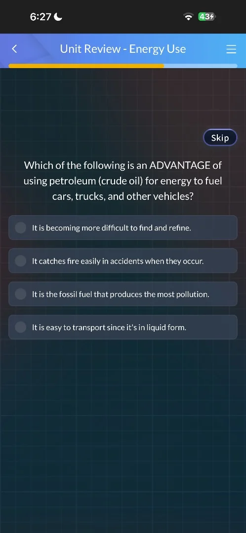 which of the following is an advantage of using petroleum (crude oil) f…