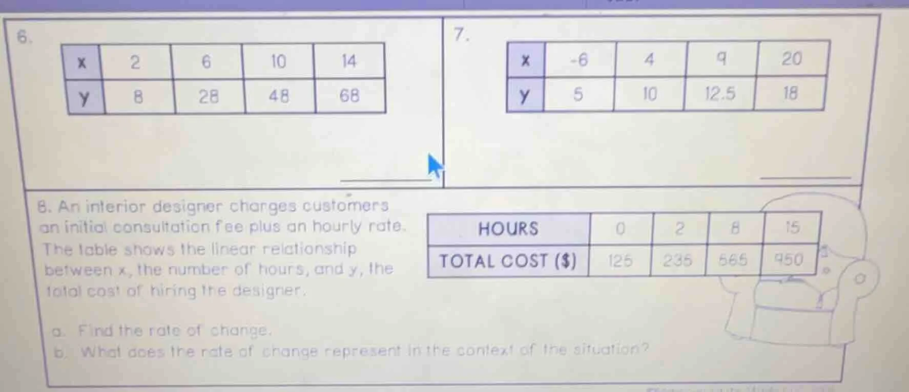 6. | x | 2 | 6 | 10 | 14 | | y | 8 | 28 | 48 | 68 | 7. | x | -6 | 4 | 9…