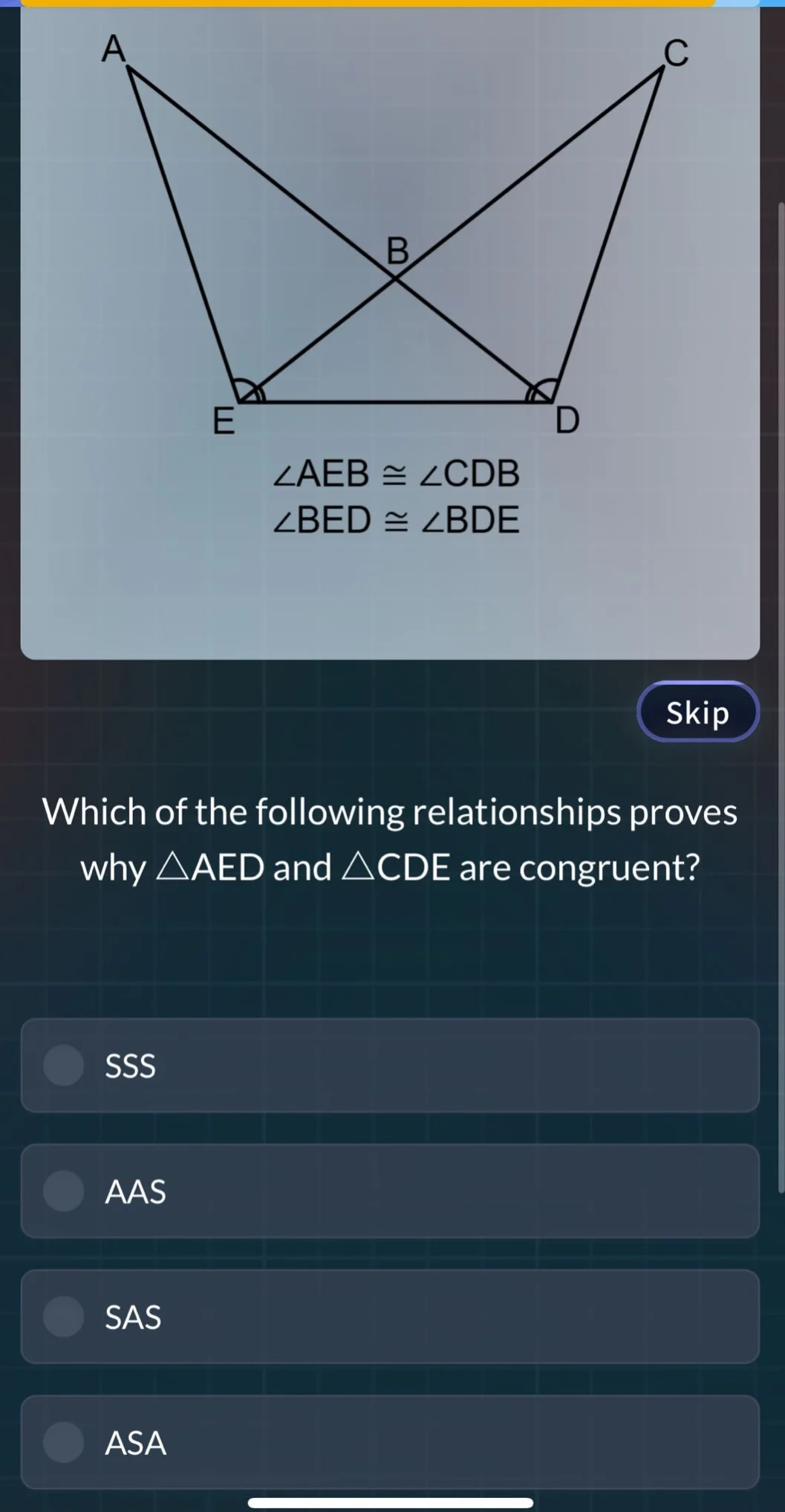 ∠aeb ≅ ∠cdb ∠bed ≅ ∠bde which of the following relationships proves why…