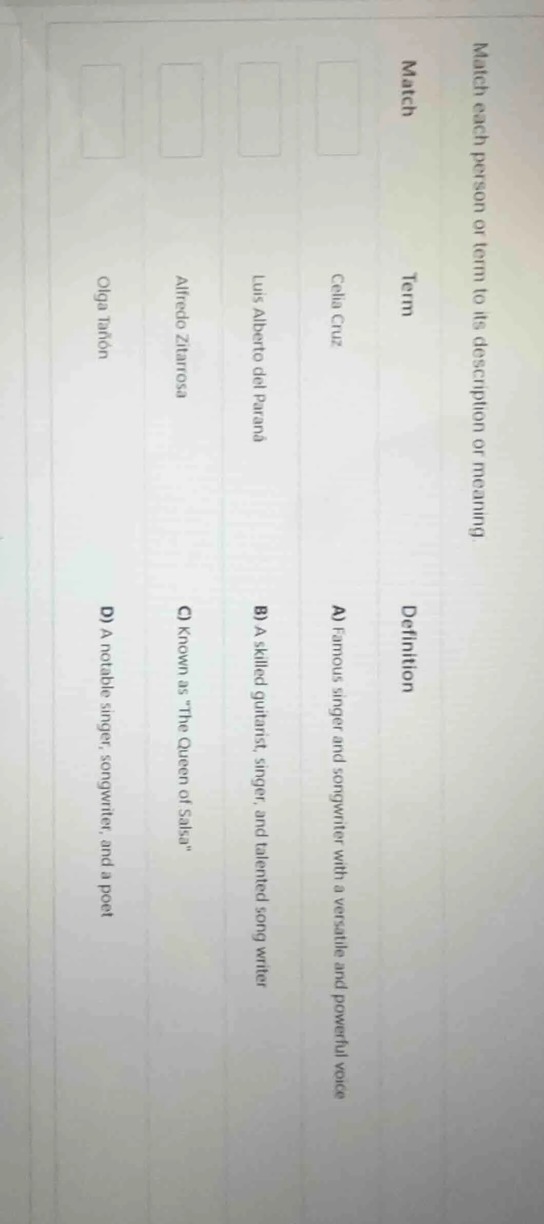 match each person or term to its description or meaning. match term def…