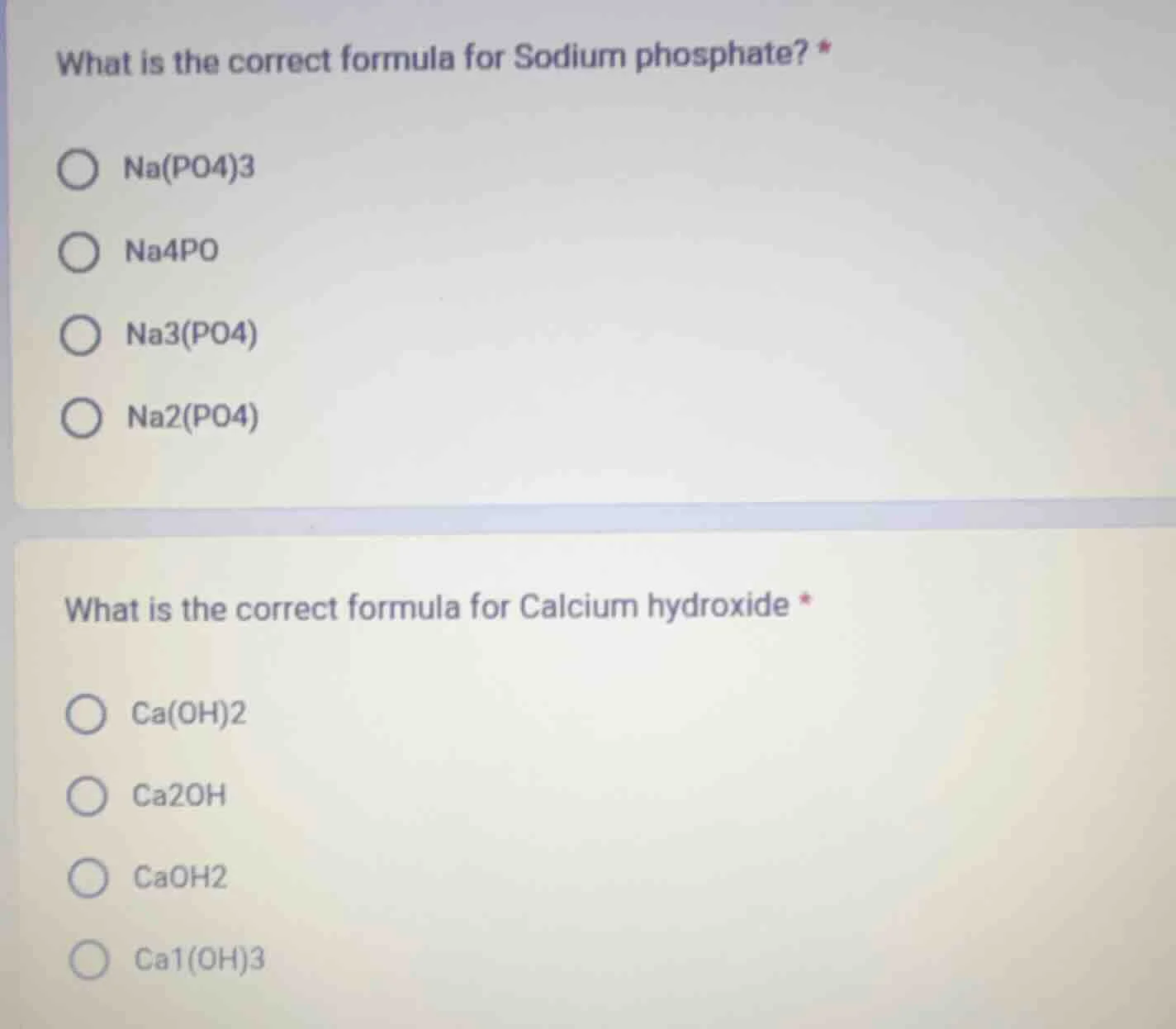 what is the correct formula for sodium phosphate? * na(po4)3 na4po na3(…