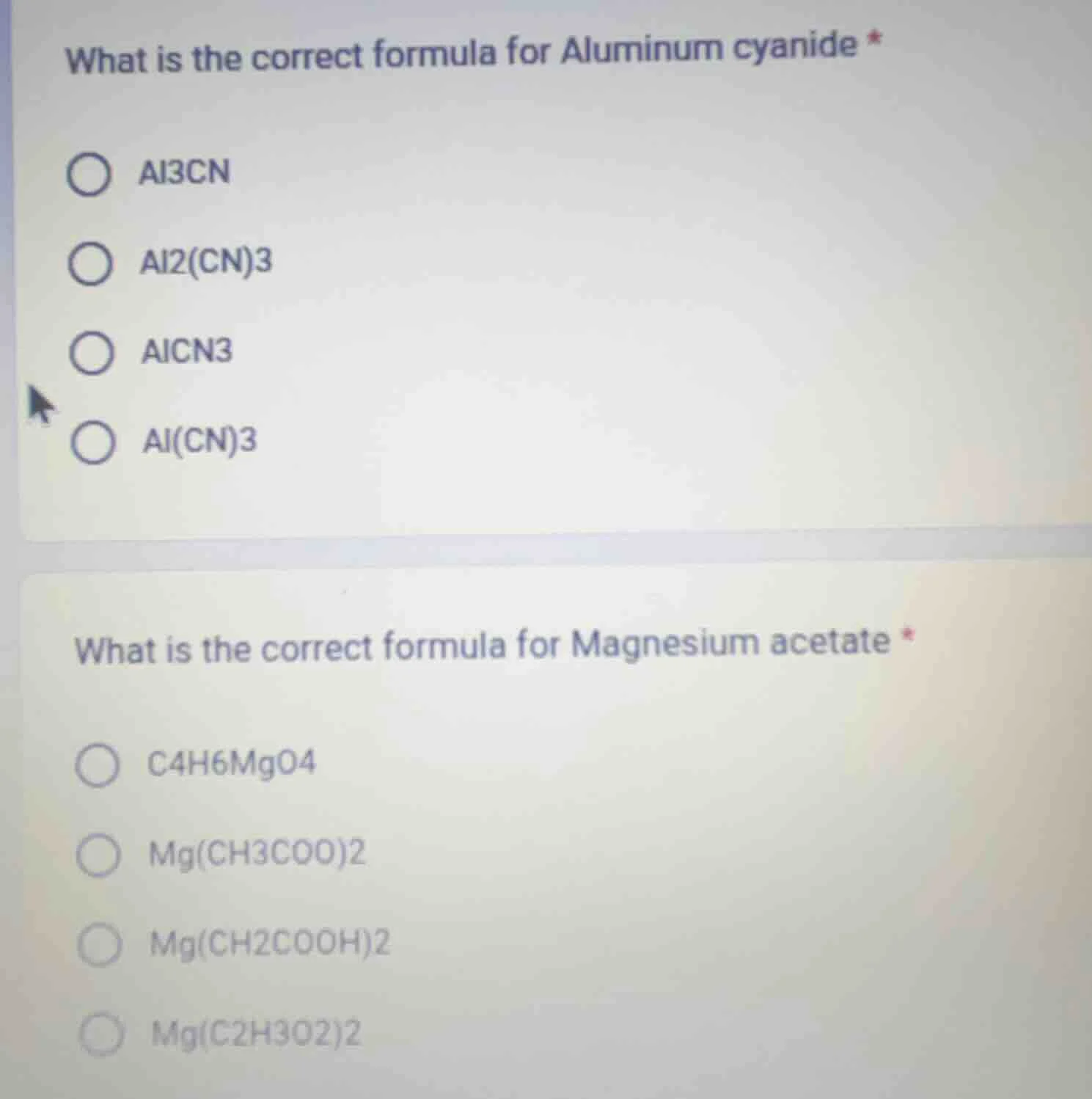 what is the correct formula for aluminum cyanide * al3cn al2(cn)3 alcn3…