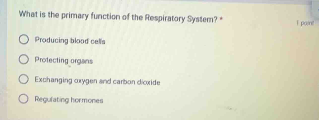 what is the primary function of the respiratory system? * producing blo…