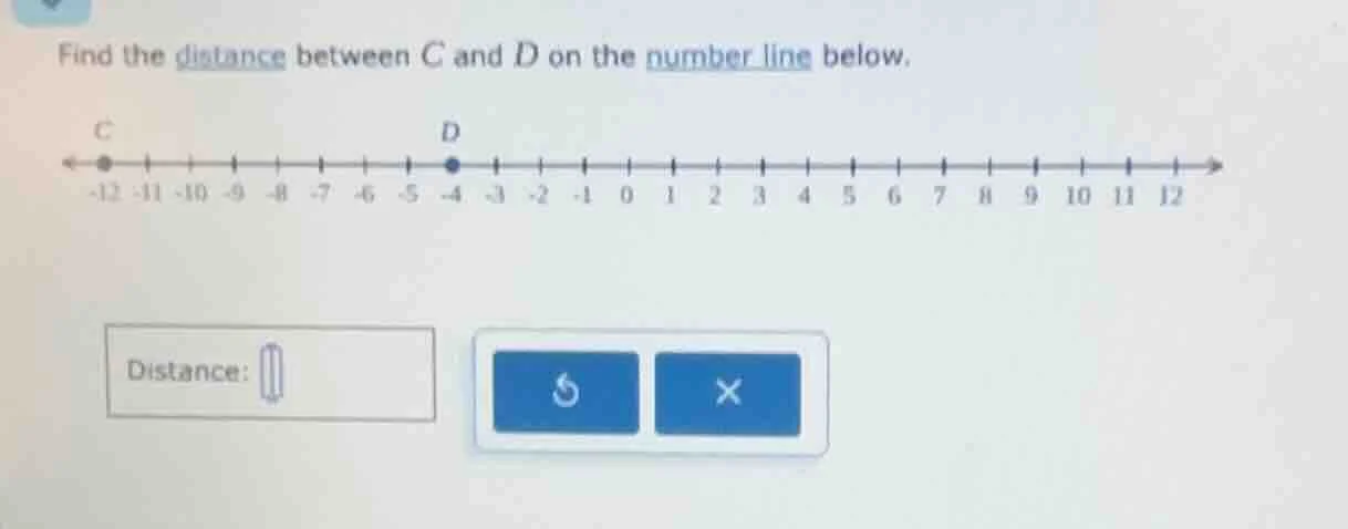 find the distance between c and d on the number line below. c is at -12…