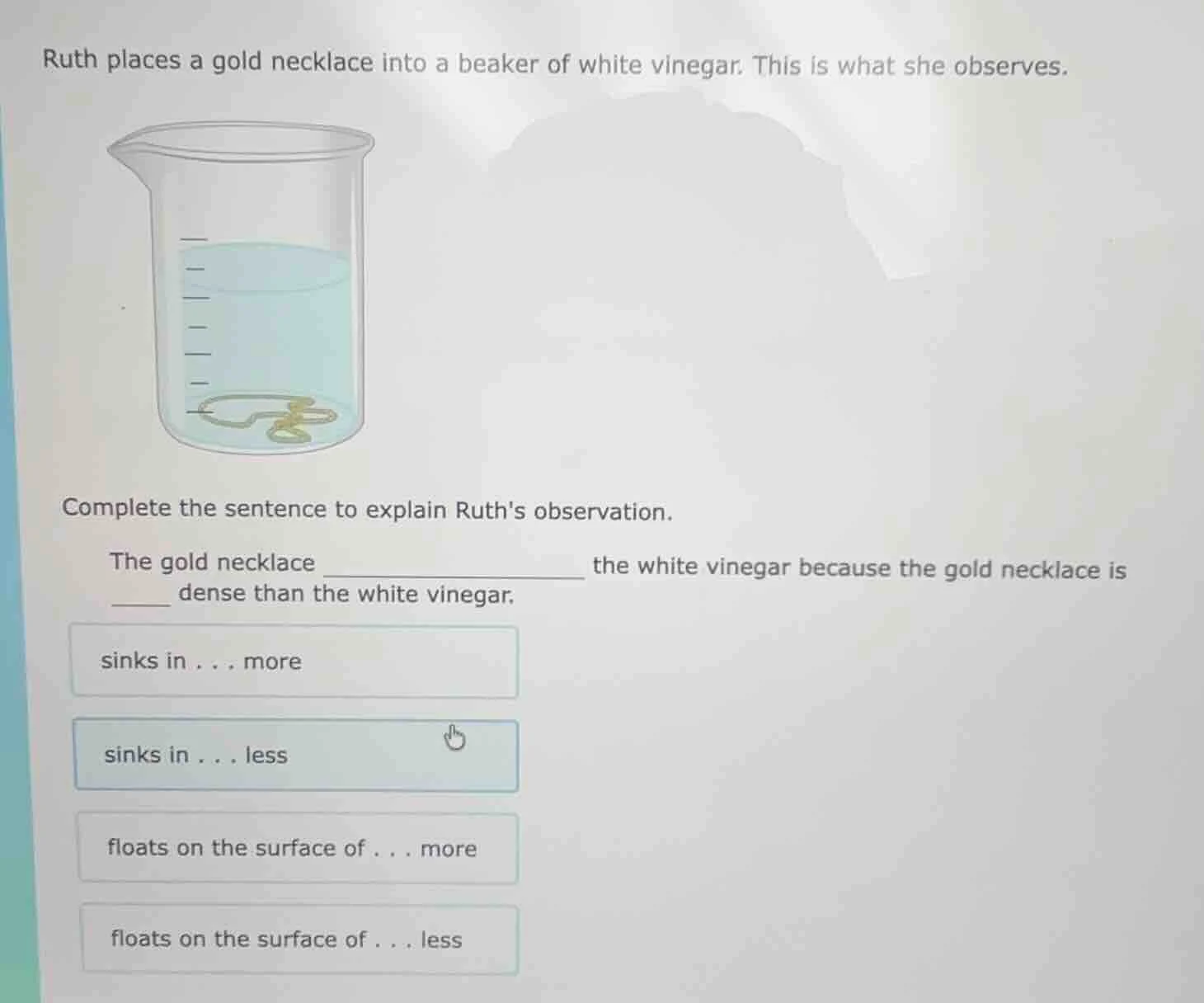 ruth places a gold necklace into a beaker of white vinegar. this is wha…