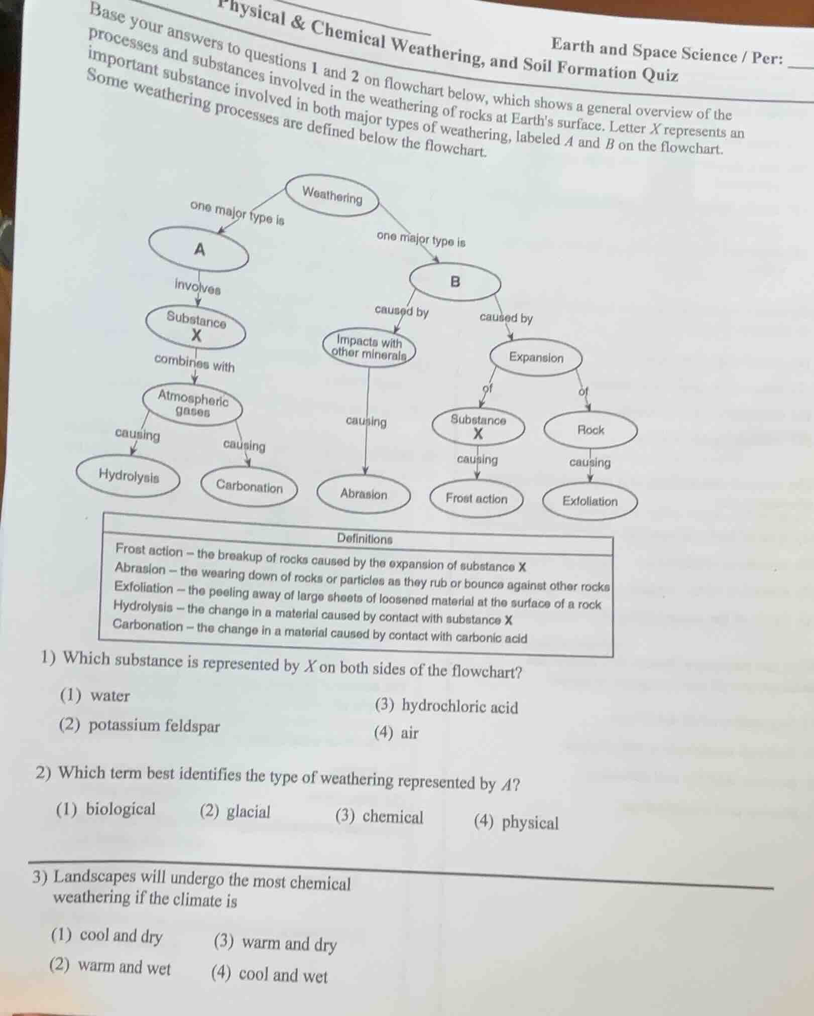physical & chemical weathering, and soil formation quiz earth and space…