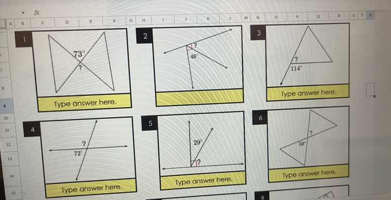 1 ? 73° type answer here. 2 ? 46° 3 ? 114° type answer here. 4 ? 72° ty…