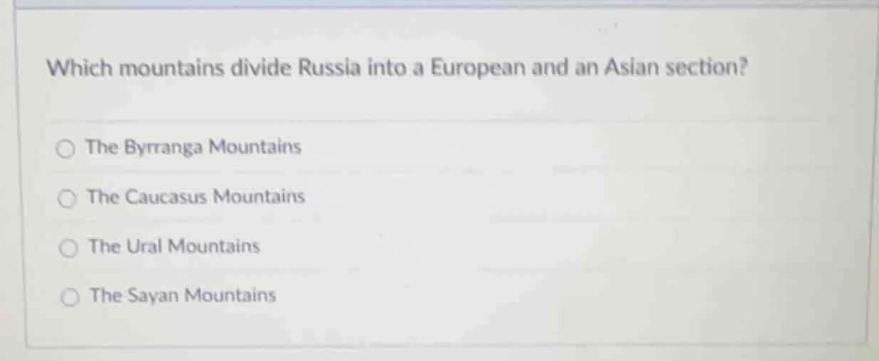 which mountains divide russia into a european and an asian section? the…