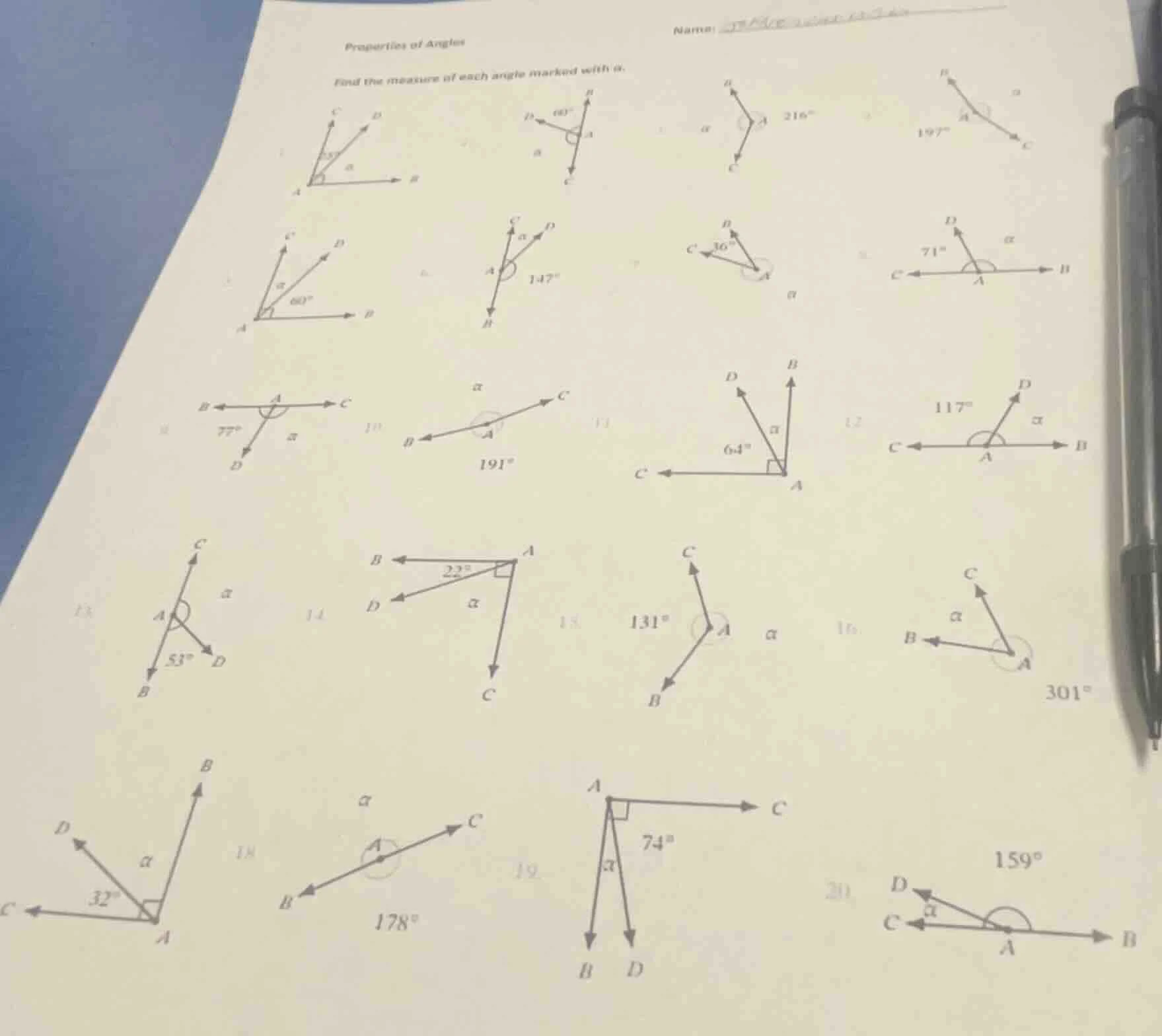 properties of angles find the measure of each angle marked with α. (the…