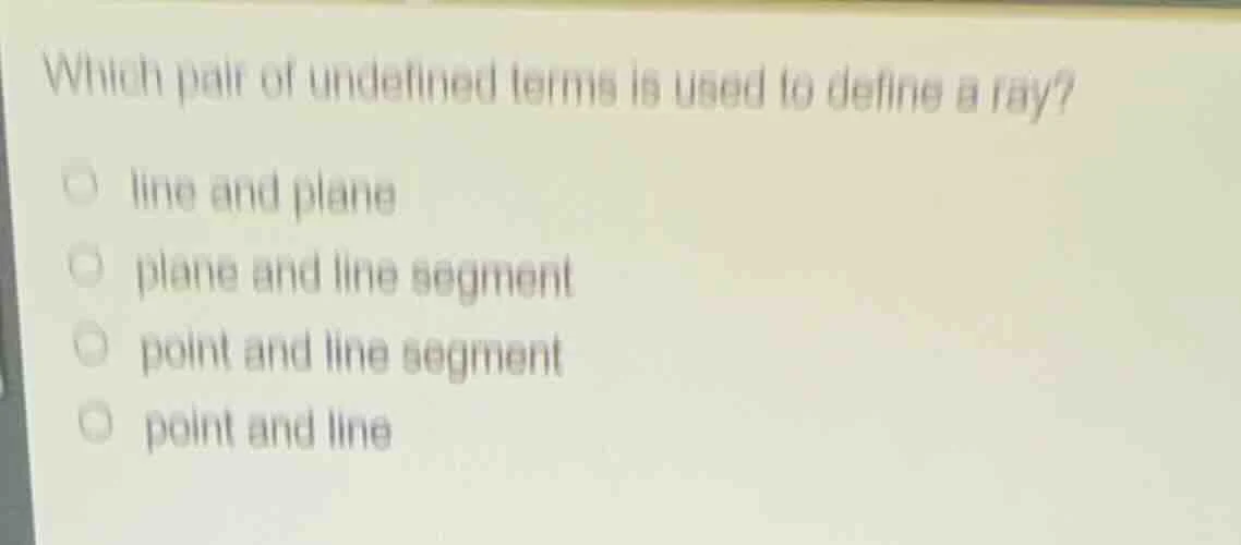 which pair of undefined terms is used to define a ray? line and plane p…