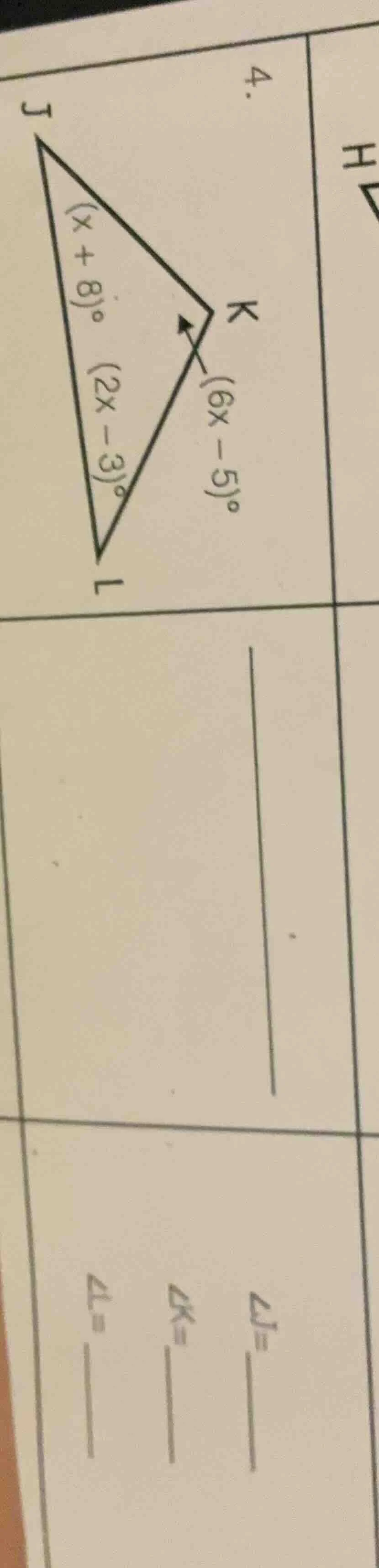 4. in triangle jkl, angle j is (x + 8)°, angle l is (2x - 3)°, and the …