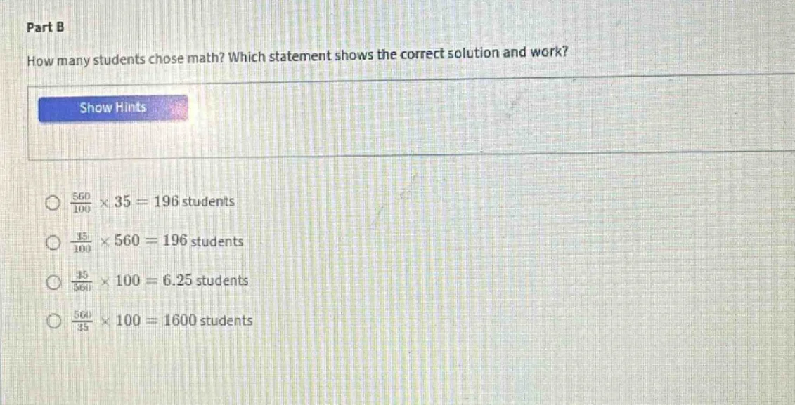 part b how many students chose math? which statement shows the correct …