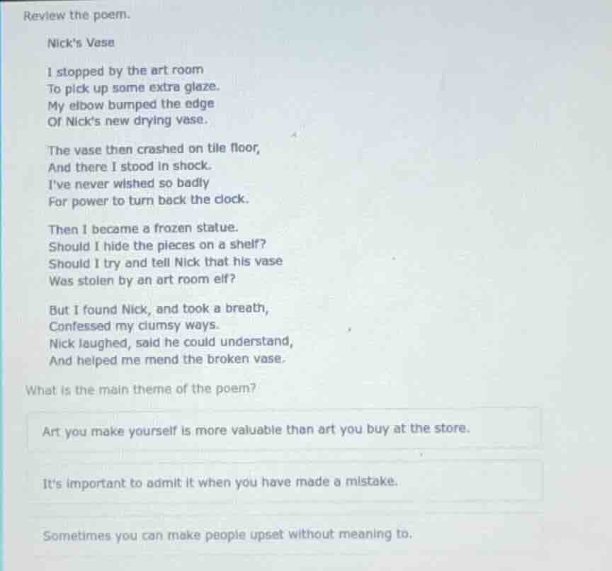review the poem. nicks vase i stopped by the art room to pick up some e…